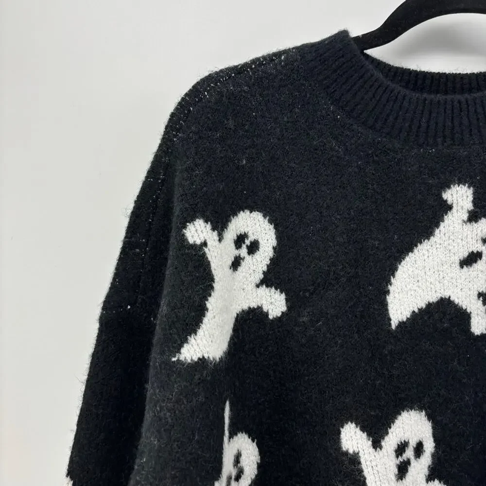 Vince Camuto Womens Medium Black White Ghost Halloween Sweater - Picture 13 of 16